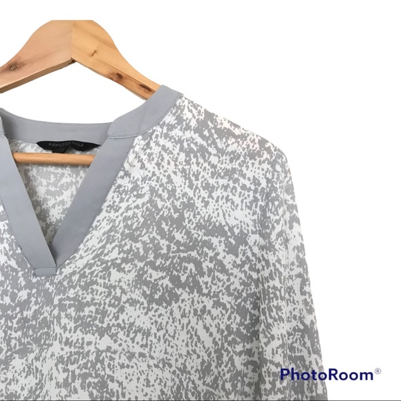 Kenneth Cole Select Women’s Blouse | Grey and White Split Neck Long Sleeve Top - Picture 4 of 12